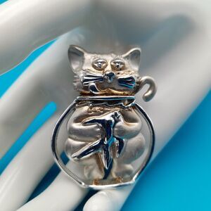 AJC Kitty Cat Fish Bowl Silver Tone Pin Brooch Vintage Signed